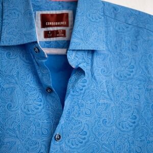 Consequence Men S Blue Paisley Slim Fit Short Sleeve‎ Shirt Abstract Pattern Top